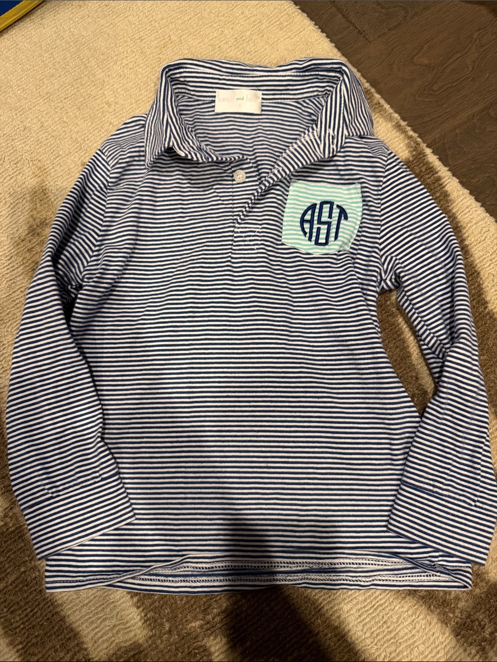 Cecil and Lou Kids Navy & White Striped Polo with Aqua Pocket AST Monogram